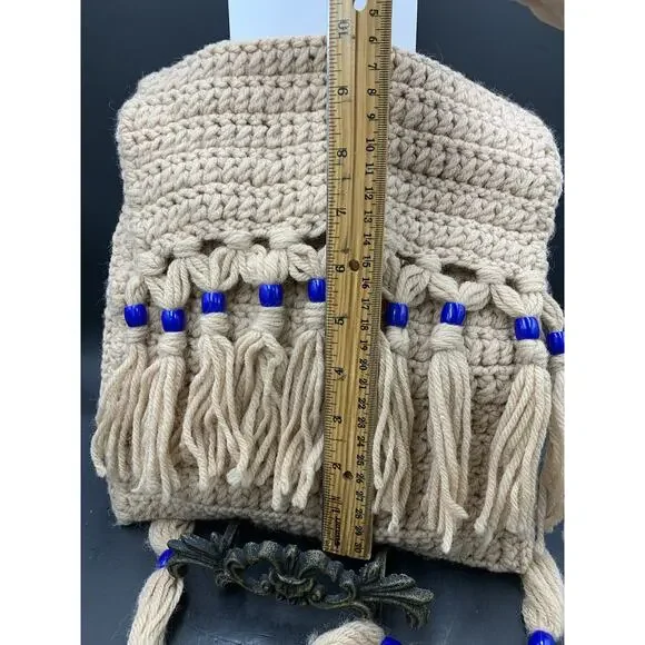 Vintage 70s Handmade Tan Crochet Boho w/Tassels Shoulder Bag Purse Fully Lined! - Picture 3 of 7